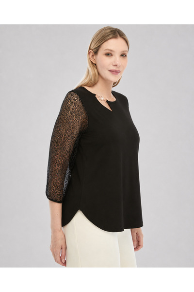Curvy Trend Büyük Beden Asimetrik Metal Yaka Detaylı Dantel Kol Oval Yırtmaçlı Bluz