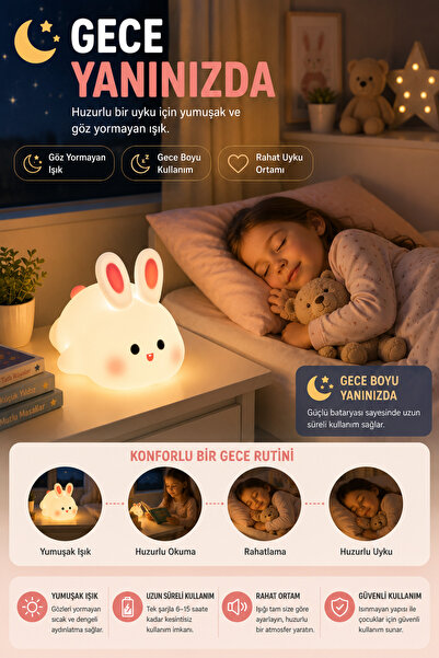 OpenCity Dokunmatik Tavşan Gece Lambası RGB Renk Değiştiren Şarjlı Çocuk Odas...