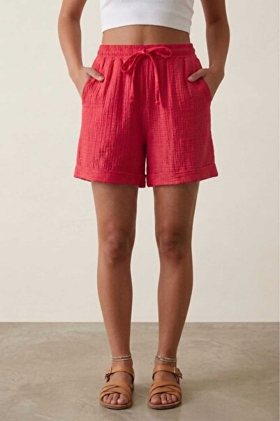 madam trend Coral Red Women's 100% Cotton Muslin Fabric Shorts with Elastic W...