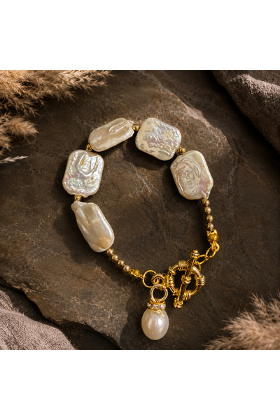 RHA Stones Kadın Barok İnci Detaylı Sarı Hematit Gold Tasarım Bileklik