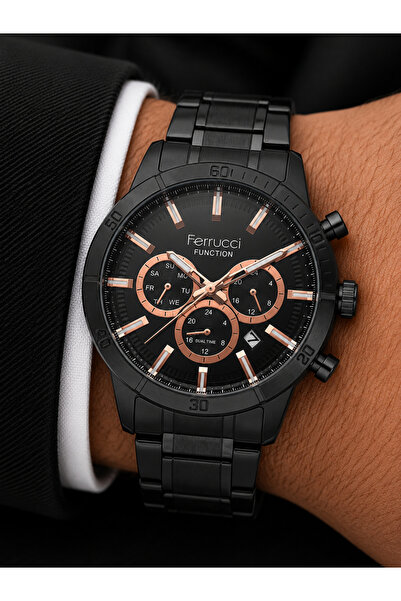 Ferrucci Men's Wristwatch Steel Band Black Color with Function Calendar and G...