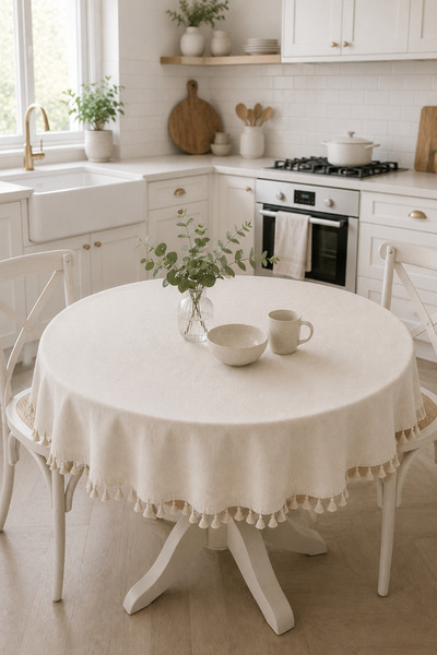 linea natura home Keten Püsküllü Yuvarlak Masa Örtüsü Sade Natural - Vintage ...