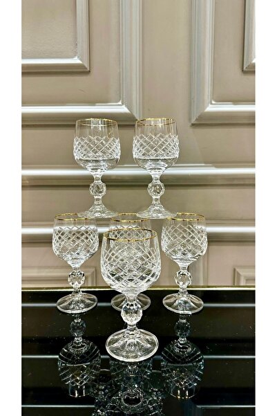 Vakıf home Ayaklı Kristal Kesme El İşi Gold Kahve Yanı Su Bardağı 6 Adet 180 cc