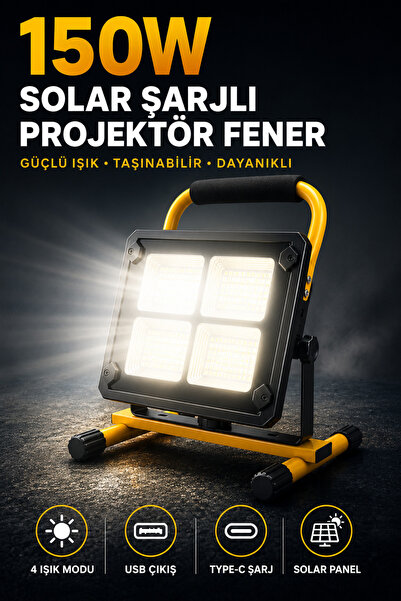 Edison 150W Solar Şarjlı LED Projektör Fener USB Telefon Şarjlı Taşınabilir K...