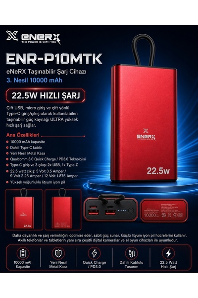 ENERX ENR-P10MTK Powerbank 10000 Mah 22.5W Hızlı Şarj, Dahili Type-C Kablolu ...
