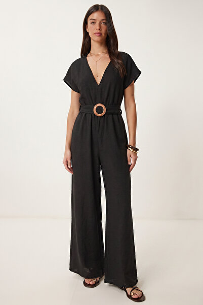 Lovelyİstanbul Belted Long Linen Jumpsuit Lub0376 Black