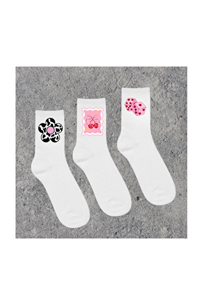 Tubinyoo Flower - Zar - Daisy - Ribbon - Bow Smiling Face Printed White Socks