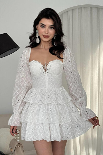 Clothes Fast Rochie mini brodată Ecru Fisto pentru femei, cu mâneci lungi, în...