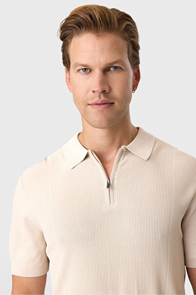 Back And Bond Beige Regular Fit Zippered Knitwear T-Shirt