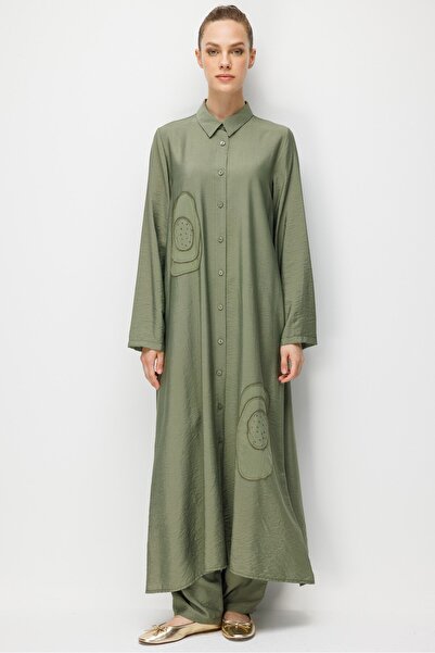 Micca %85 LyoCELL Aller Özel Taş ve Desen İşlemeli Maxi Tunik Elbise Ferace-Haki