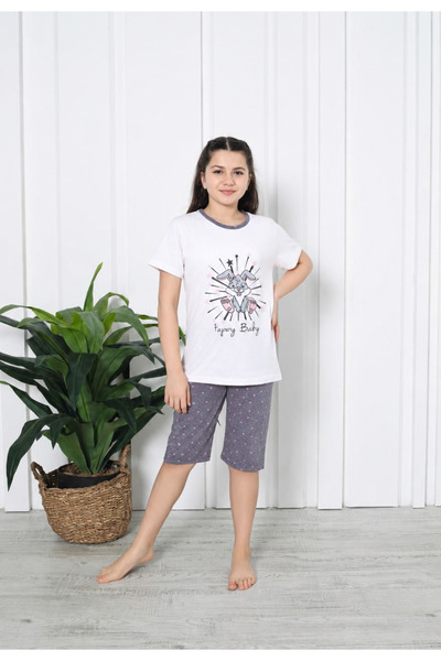 Serena Pijama fetite cu maneca scurta si pantalon 3/4- culoarea alb