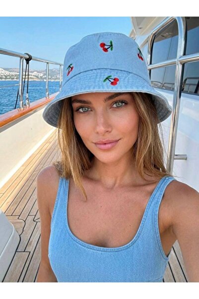 Trend Şapka 19058 Kot Mavi Kiraz Nakışlı Bucket Şapka