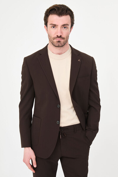 Mcr Textured Slim Fit Mono Collar Pocket Men's Jacket Brown - 41499.26Y