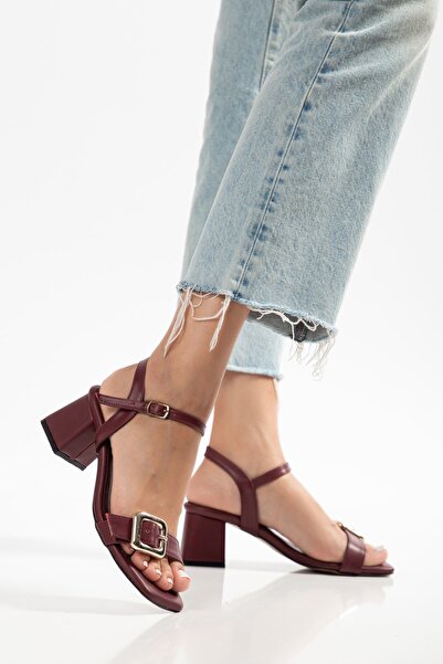 infon shoes creation S-481 Burgundy Ankle Strap Buckle Detailed Wide Heeled W...