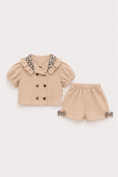 Pmini Leopard Collar Detailed Beige Baby Girl Set