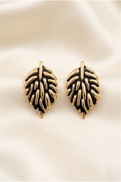 Pelin Aksesuar White Enameled Leaf Figured Gold Color Steel Nail Earrings