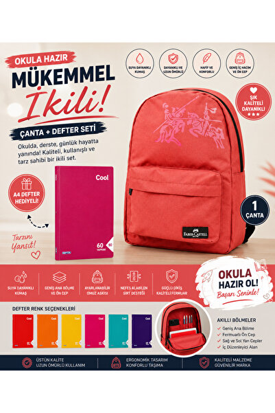 Faber Castell Kırmızı Okul Çantası + Hediye A4 Cool Defter | Suya Dayanıklı Ç...