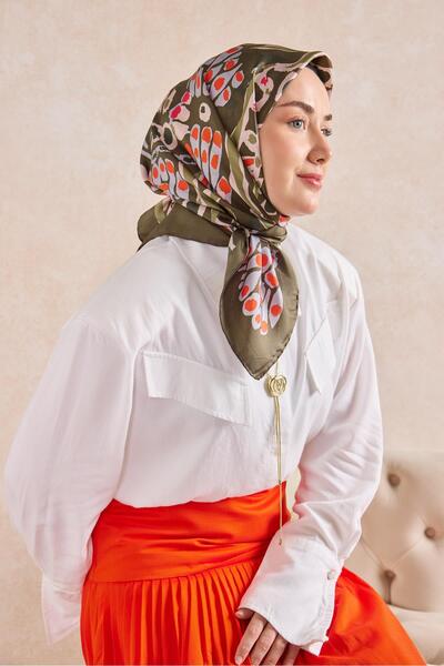 Silk Home وشاح حرير تويل ميركان أخضر بني 90x90