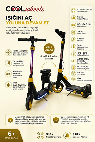 Cool Wheels Pro Led Işıklı Elektrikli Katlanabilir 150W Çocuk Scooter – 15KM ...