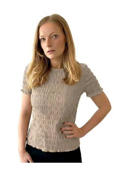 Merlot Waffle Short Sleeve Texture Beige Blouse