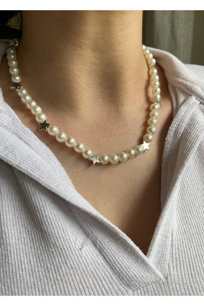 BİJUTERİ EVİ Yıldız Detaylı İnci Görünümlü Kadın Kolye | Gümüş Renk Yıldız Figürlü Şık Choker Kolye