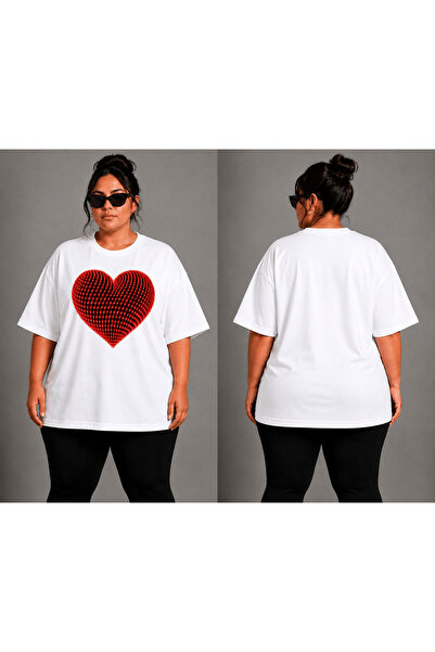 VODEXA Women's Oversize T-Shirt Dotted Heart Printed 100% Cotton T-Shirt Larg...