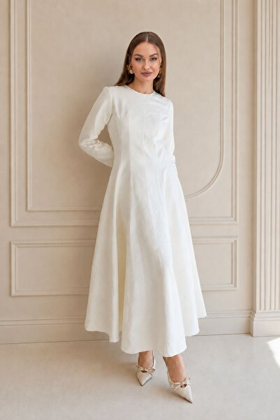 MAG FASHİON Ecru Dress Zipper Detailed Dress Evening Dress Graduation Dress