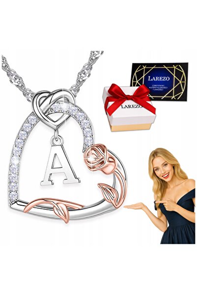 Larezo 925 Silver Necklace, Heart Pendant With Letter A, Rose And Cubic Zirco...