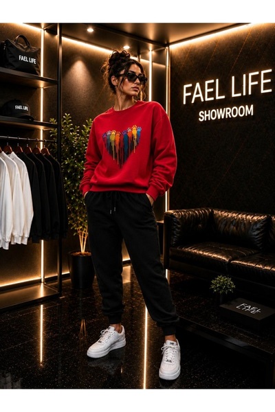FAEL LİFE Unisex Wide Cut Zero Neck and Sweatpants Set with Paw Hearts Print