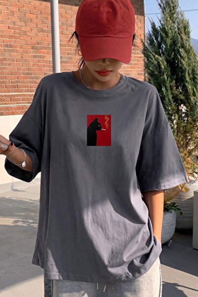 The Champ Clothing Women's Oversize T-Shirt Noir Cat Printed Smoked – Crew Ne...
