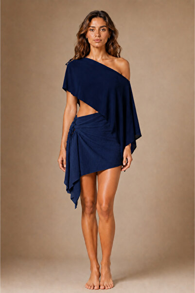 Sebir Moda Asymmetrical Cut Linen Blend Bikini Top & Pareo Set