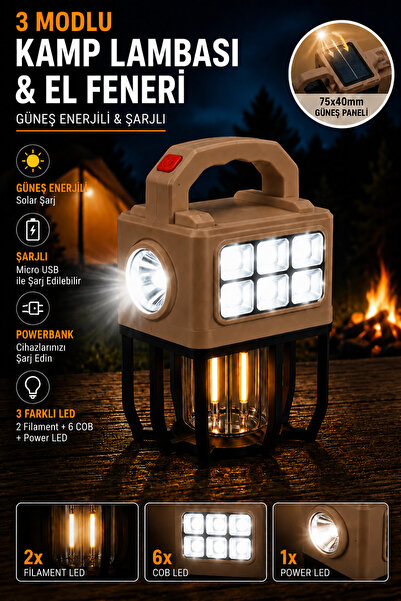 nelerbulurum Şarjlı Ve Güneş Enerjili 3 Modlu Beyaz Ve Sarı Filament Işıklı P...