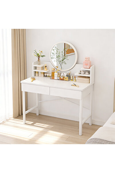 HI-FINE (is82)White Vanity Makeup Table with Round Mirror, Drawers & Multi-St...
