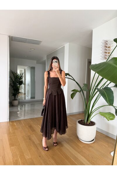 MERVE AKSOY Ponni Buruşuk Midi Boy Etek - Kahve