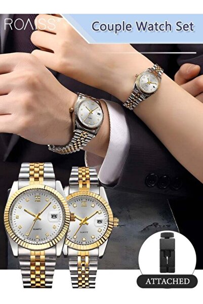 ROAISS Couple Quartz Watch Set Stainless Steel Strap Round Dial with Rhinesto...