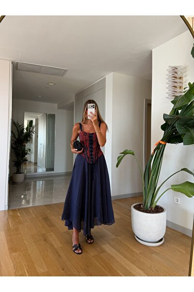 MERVE AKSOY Ponni Buruşuk Midi Boy Etek - Lacivert