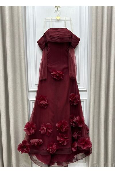 Lauren Burgundy Tulle Dress with Roses