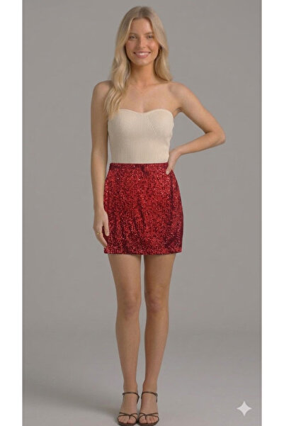 Sibel Günay Butik Red Women's Sequined Lined Mini Skirt |   Elastic Waistband...