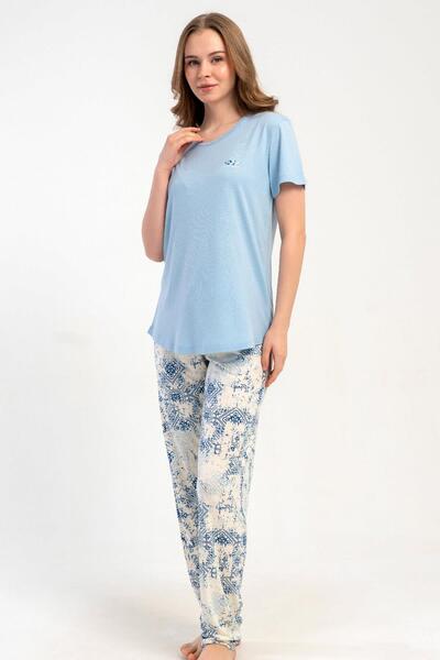 KEZOKİNO Women's Short-Sleeved Blue Pajama Set Relaxed Cut Summer Home Wear C...