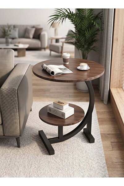 Taimi Stylish 2-Tier C-Shaped Side Table - Wooden Top and Metal Frame,Walnut ...