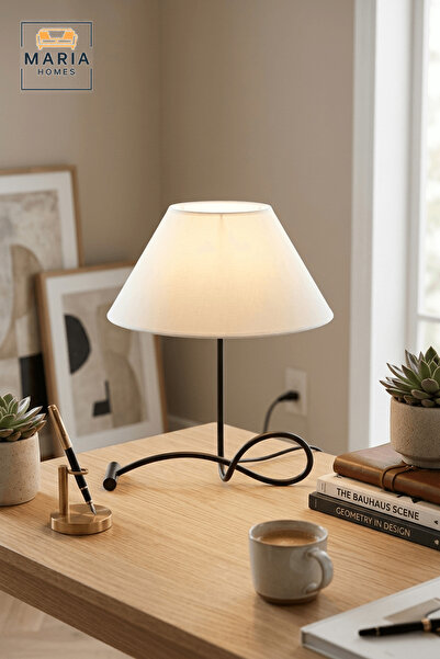 MARIA HOMES White Shade Black Metal Table Lamp with Corded Base for Home Desk...