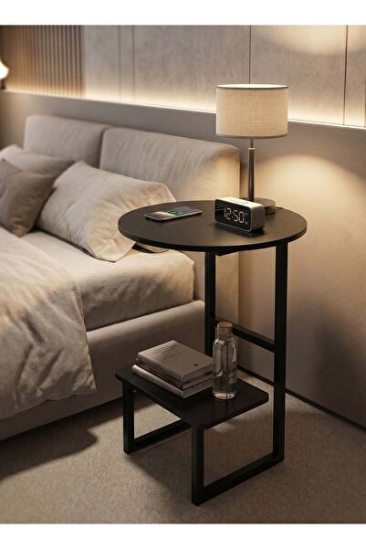 Taimi 2-Tier Table 57x40cm, Table With Wooden Top and Metal Frame, Round Tabl...
