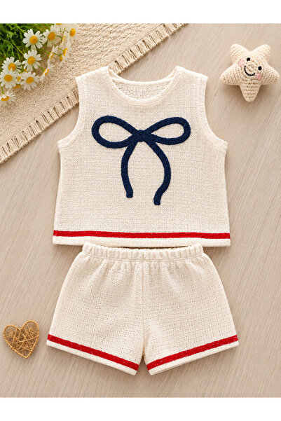 kr kids Girl's Seersucker Fabric Navy Blue Bow Detailed Shorts Set Ecru Summe...