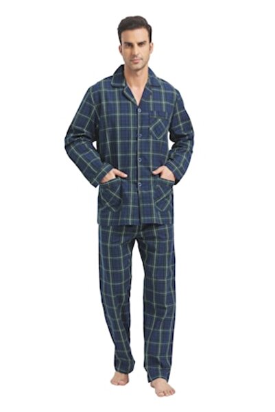 Kolipajam Set de pijamale clasice din pânză pentru bărbați, bumbac, mânecă lu...