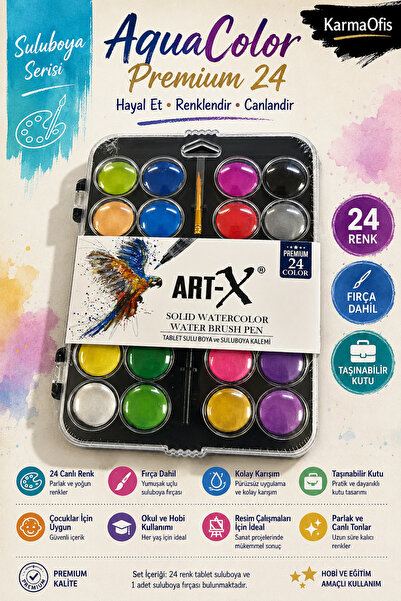 KarmaOfis ART-X 24 Renk Suluboya Seti Fırça Dahil Tablet Suluboya Boya Çocuk ...