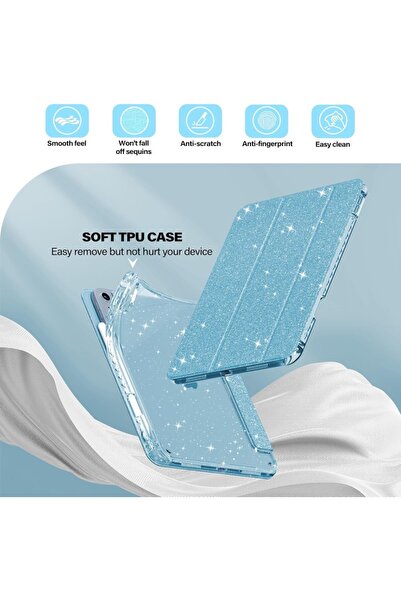 UnDePlus iPad 11.Nesil A16 11inç/10.Nesil 10.9inç Uyumlu Kılıf Simli Işıltılı Parlak Kalem Bölmeli Trifolding Case