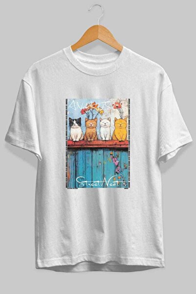 Ankhises For the Sake of Cats 14 Front Cat Printed White Oversize T-Shirt 100...