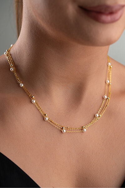 Silvano Jewelry 925 Ayar Gümüş İncili Üçlü Zincir Kolye