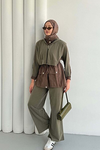 Modaensarbutik Tencel Kumaş Pantolonlu Üçlü Tesettür Takım-HAKİ YEŞİL