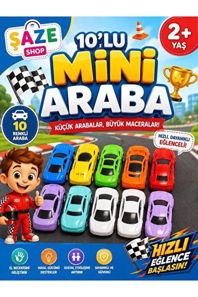 SAZE 🚗 10’lu Mini Araba Seti Renkli Oyuncak Araçlar 2+ Yaş